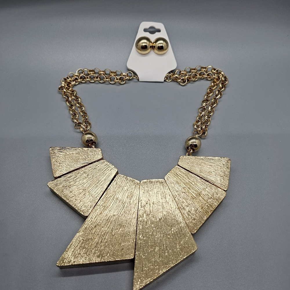Fashion Jewerly Gold Double Chain Multi Shape Necklace & Earring Set